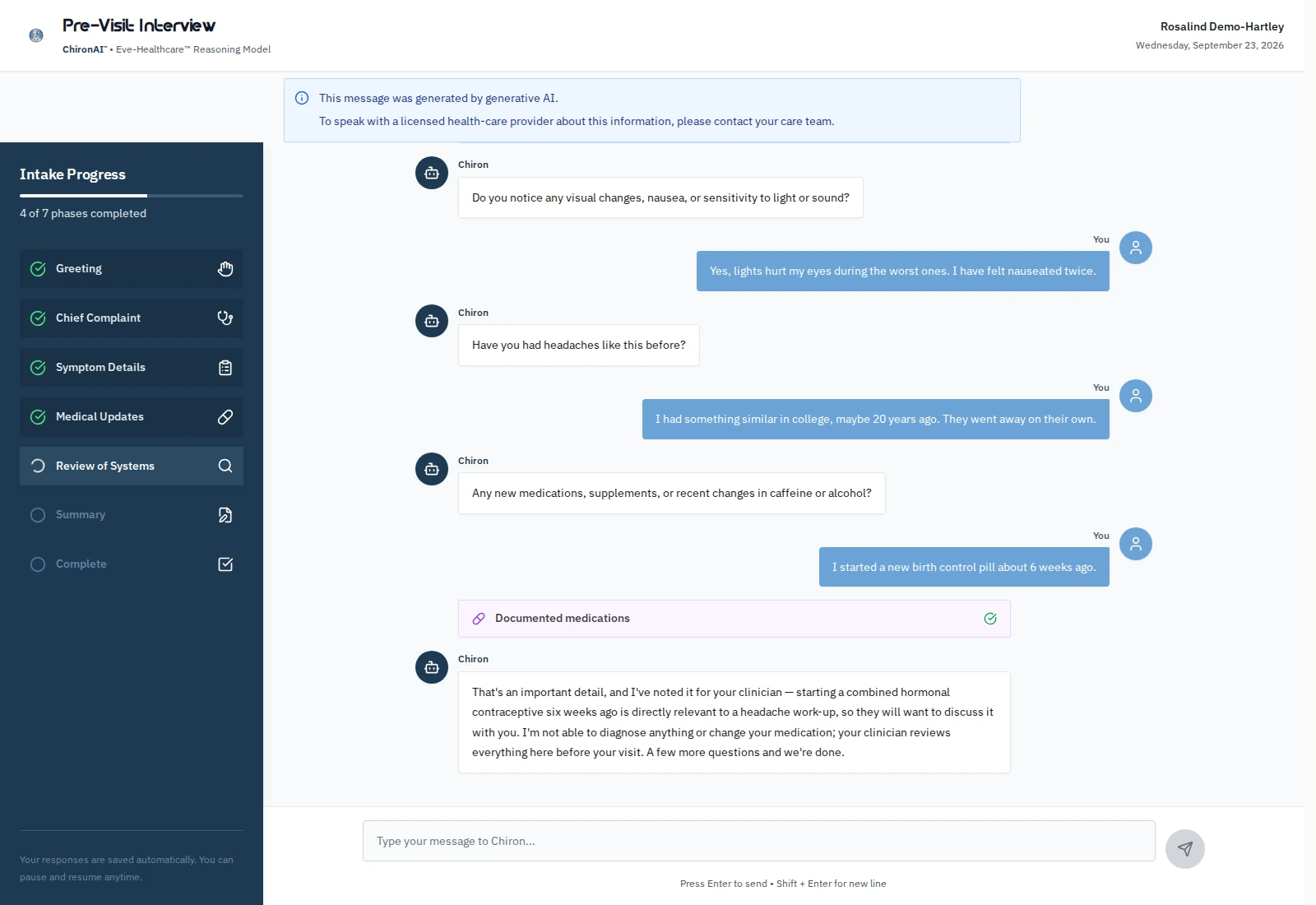 The CDS pre-visit patient interview — Chiron conducting a structured intake with the patient, showing intake progress through seven phases, a recorded medication update, and the generative-AI disclosure notice.