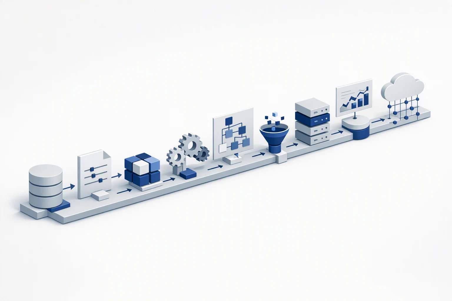 Isometric diagram: many distinct capability modules seated along one continuous shared spine