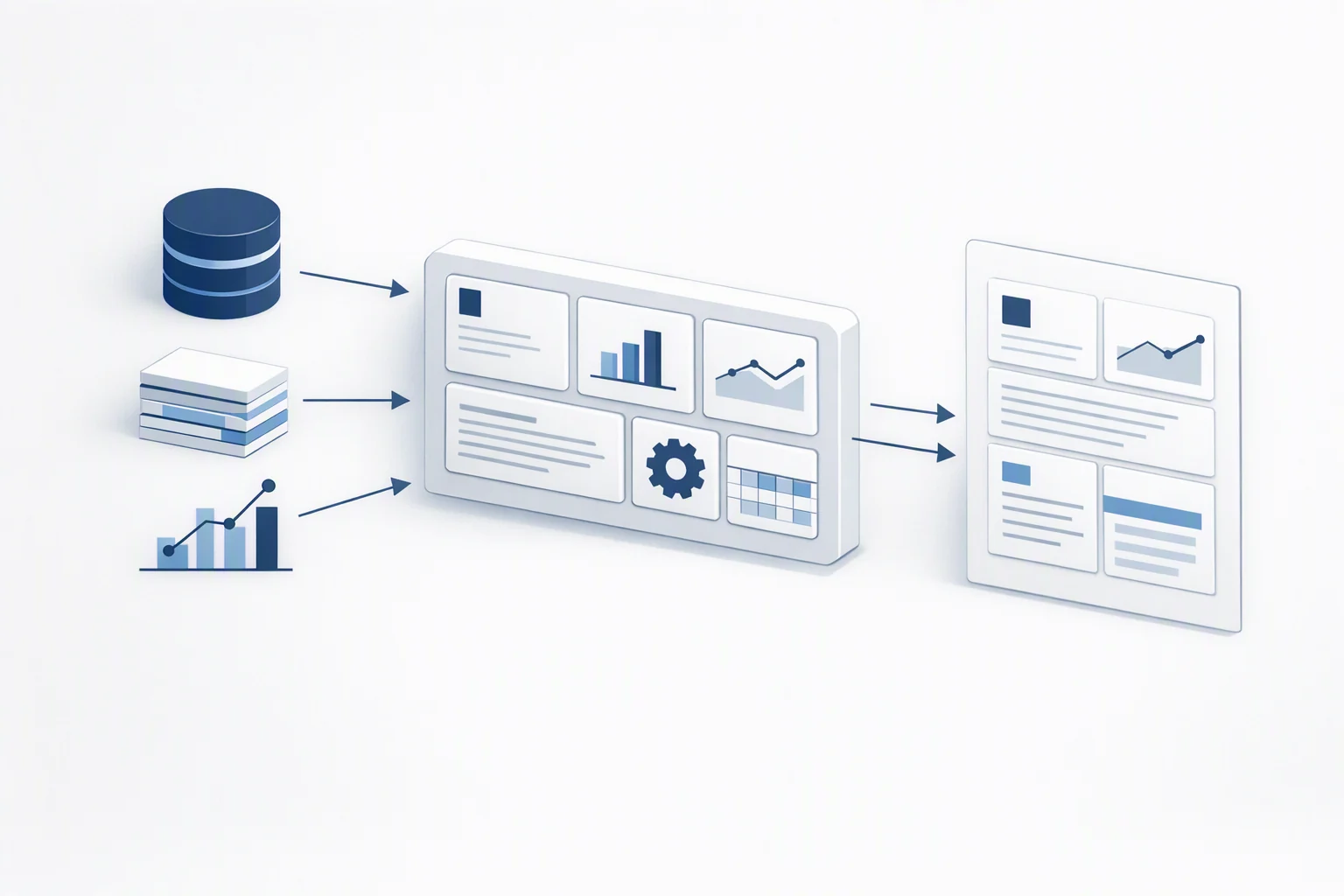 Isometric diagram: content blocks from several sources seated into a fixed ordered frame of compartments, each with a traceable source line